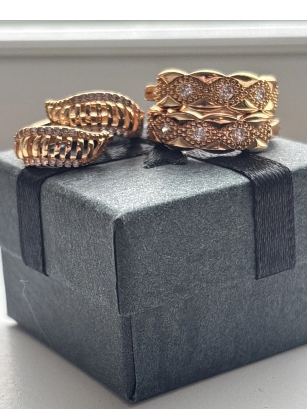 Rose Gold Plated Hoop Earring Set Textured Pave Crystal Chunky Huggie Hoops